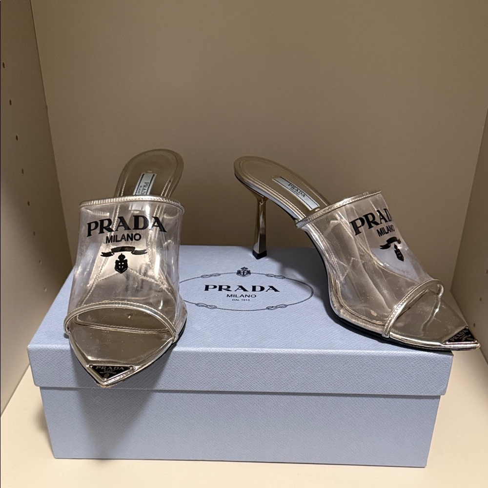 Prada Silver PVC and Patent Leather Logo Sandals Size 39.5